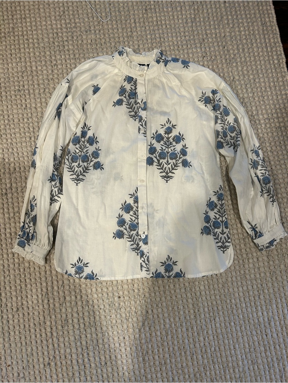Women's White Button-Front Blouse with Blue Floral Print
